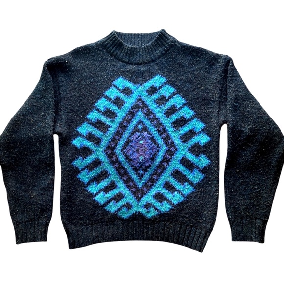 Vintage Concrete Mix Turquoise Aztec Pattern Acrylic Textured Mock Neck Sweater - Picture 4 of 8